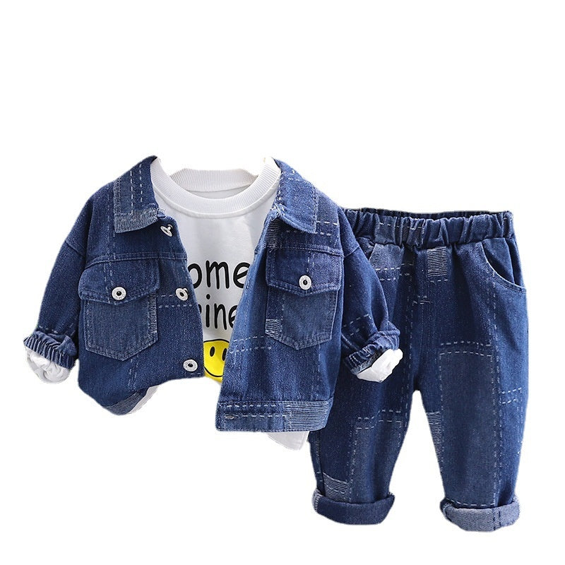 New Fashion Set for Boys Girls, Patchwork Denim Jacket, Spring Autumn Three-Piece Set, Stylish and Trendy Baby Clothing, Dropshipping Available