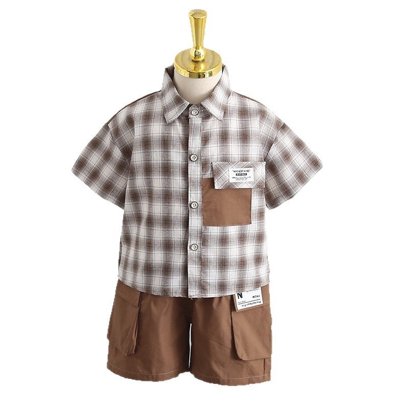 Boys' Outfit 2026 New Children's Clothing Summer Thin Baby Patchwork Shirt Short Sleeve Three-Piece Set Trendy