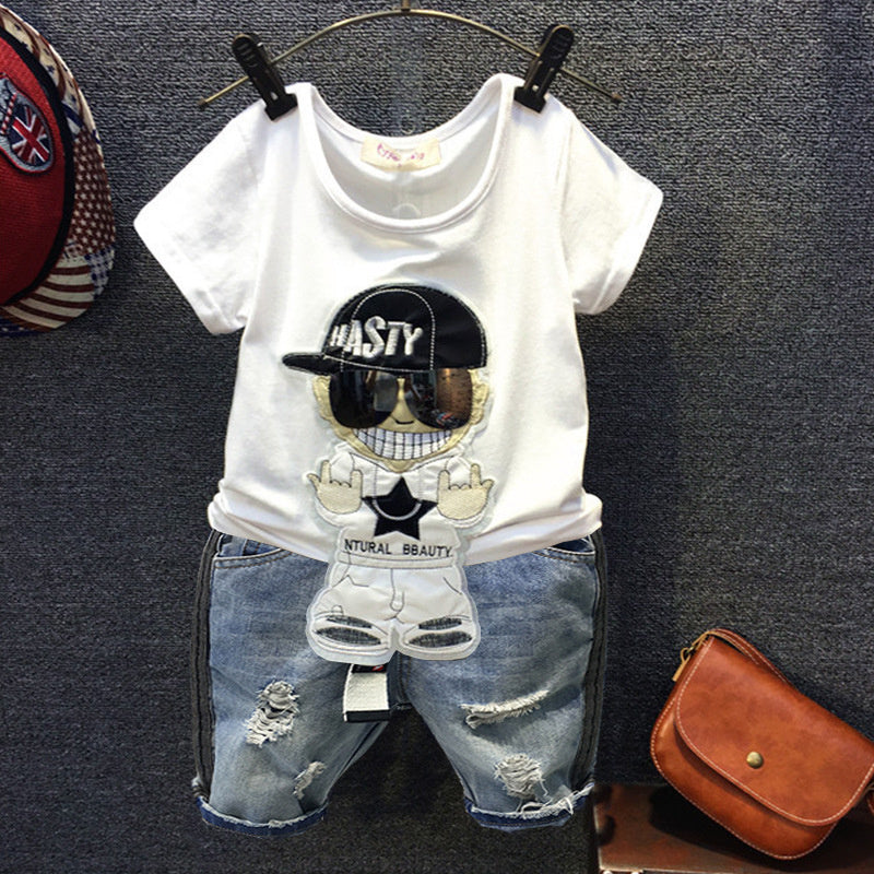 Boys' Short-Sleeve Set 2025 Summer Collection Children's Cartoon T-Shirt and Jeans Two-Piece Outfit for Toddlers