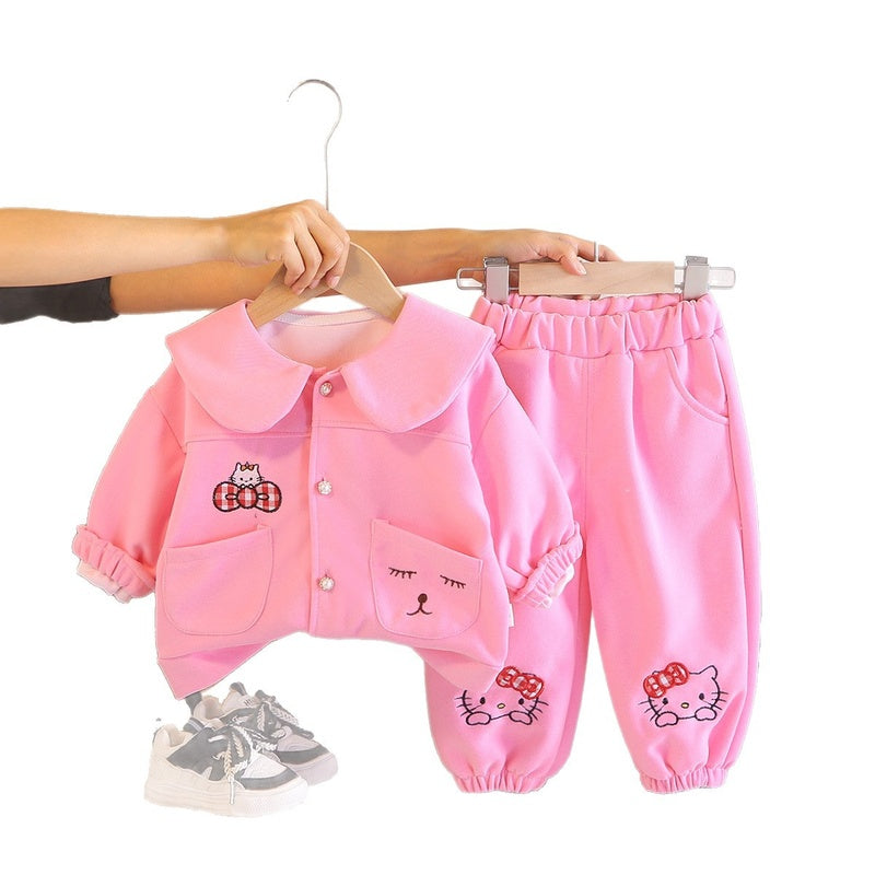 Girls' Spring Outfit: Stylish Bowknot Cat Two-Piece Set, Cute Cartoon Clothes for Toddlers, Trendy Infant Clothing