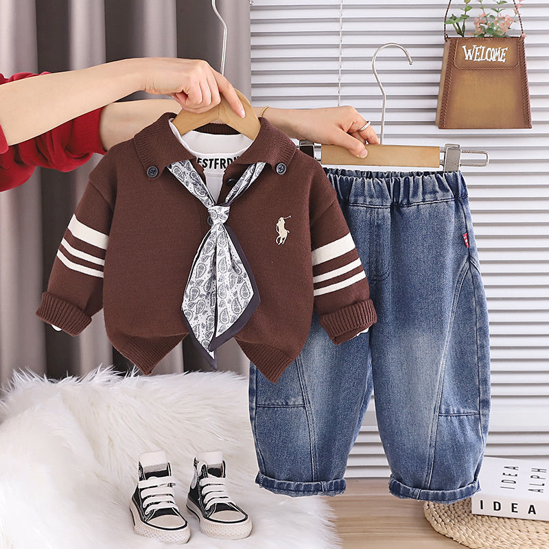 Baby boy outfit stylish clothing spring and autumn handsome infant children's wear silk scarf cardigan sweater three-piece set