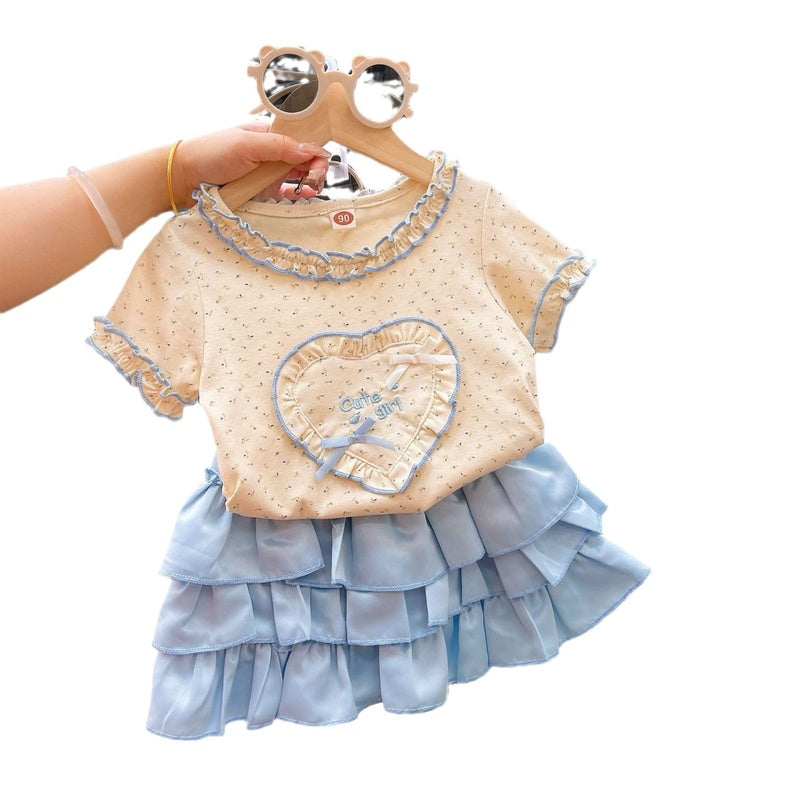24060 Girls' Summer New Children's Clothing 2024 Baby Girl Heart-Shaped Floral Print Puffy Cake Skirt Two-Piece Set
