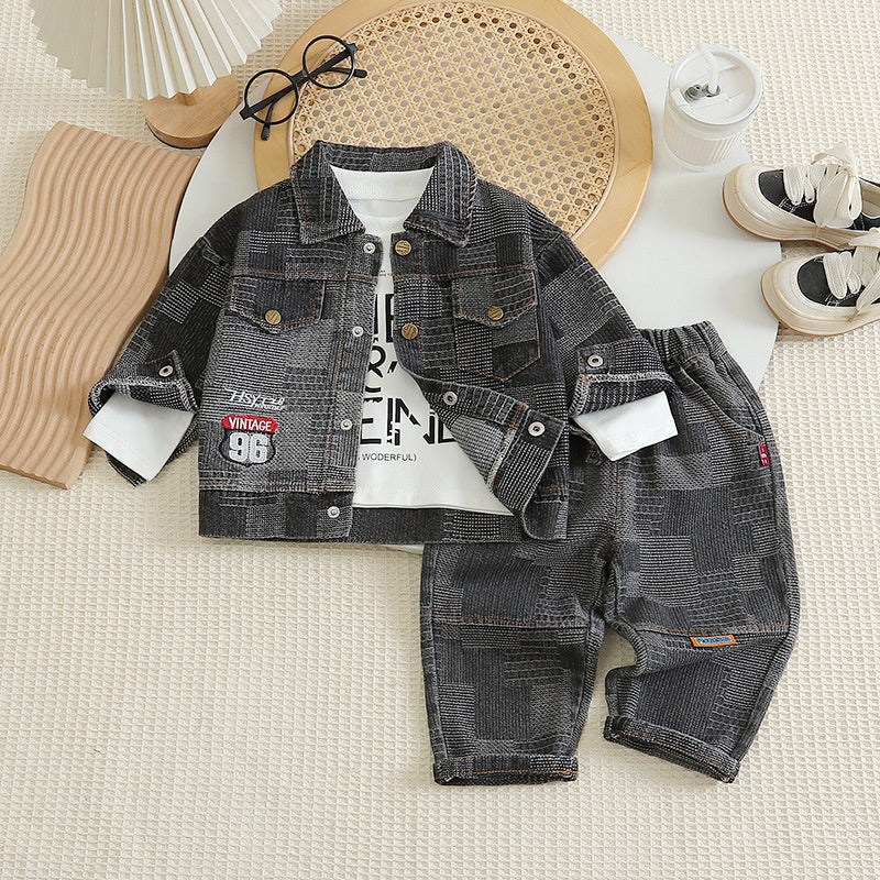 Boys' Spring and Outfit 2026 New Fashionable Children's Denim Casual Three-Piece Set Baby's Trendy Autumn Jacket