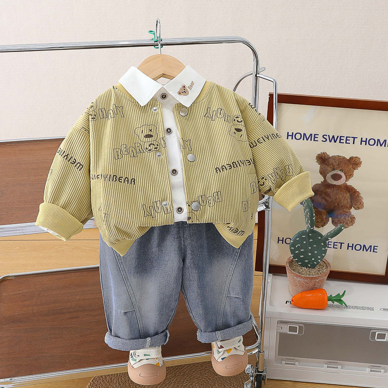 Clothes Spring and Autumn, Cute Casual Bear Shirt Boys, Long Sleeve Three-Piece Set for 0-2 Year Olds, Baby Jacket