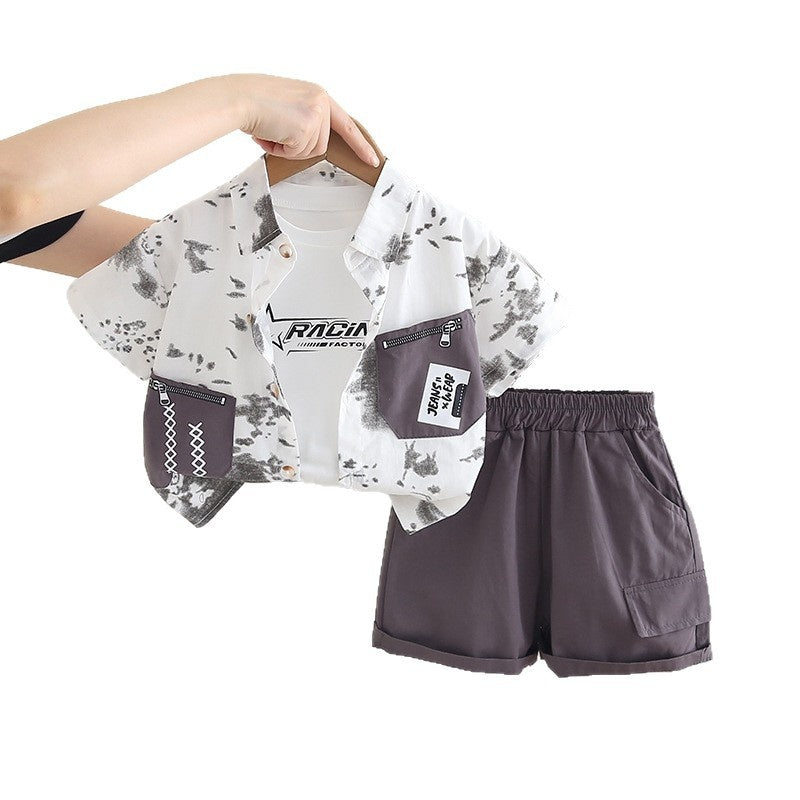Boys' Outfit 2026 New Short-Sleeve Casual Baby Clothes Children's Summer Zipper Patchwork Three-Piece Trendy Set