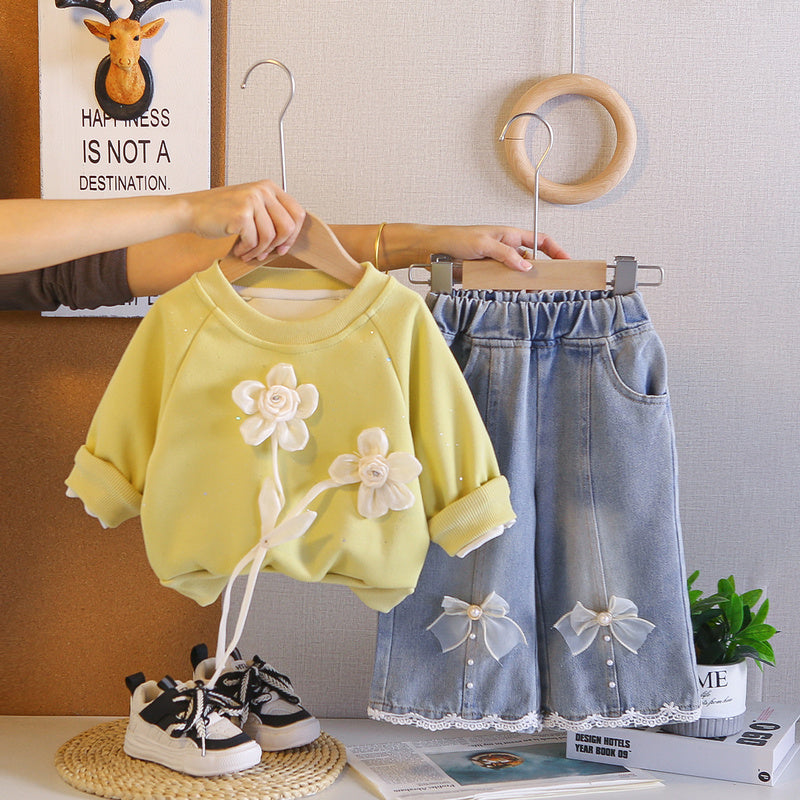 Baby Spring Outfit Stylish 2026 New Fashionable Girls' Children's Two-Flower Sweatshirt Trendy Toddler Spring-Autumn Clothing