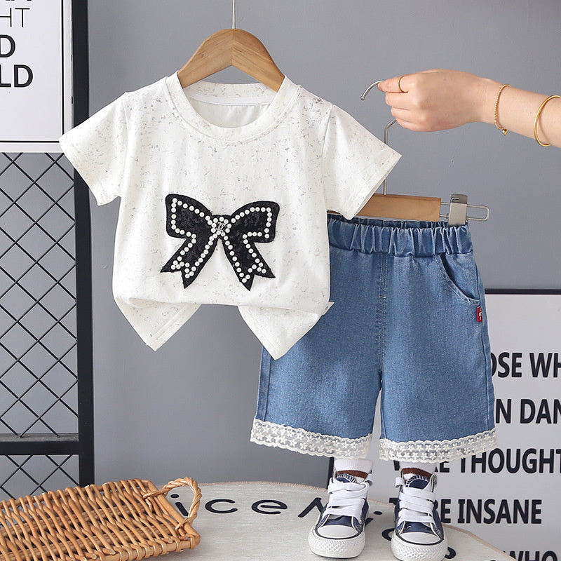 Girls' short-sleeve outfit with large bow, thin style, stylish children's clothing, 2-piece baby summer outfit, trendy
