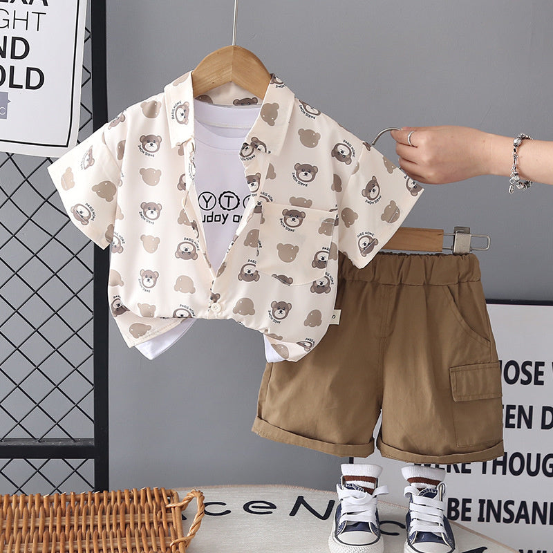Boys' Summer Full-Print Bear Head Short-Sleeve Shirt Set, Thin Children's Clothing for One-Year-Old Baby Boys