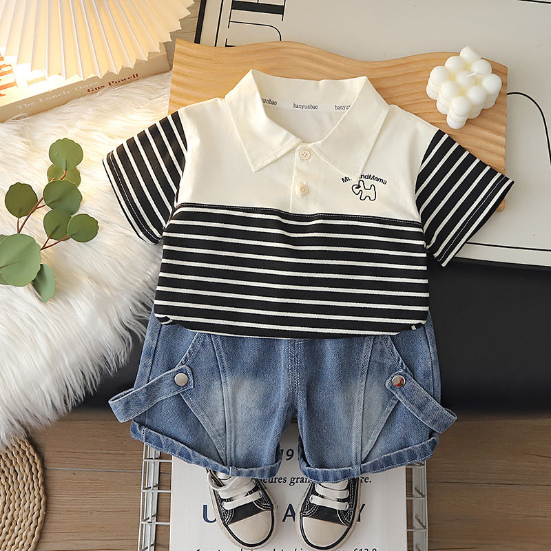Boys' Outfit 2026 New Fashionable Set for 1-3 Year Olds, Children's Summer Clothes with Patchwork Short Sleeves