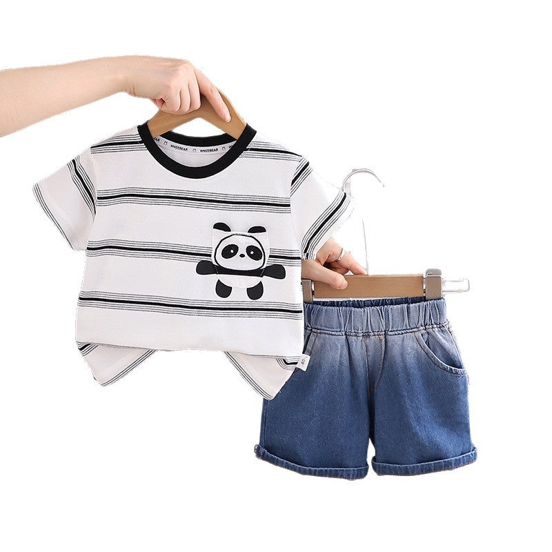 Children's Summer Outfit 2026 New Style Boys' Stylish Cartoon Pocket Short Sleeve Baby Sports Two-Piece Set Wholesale