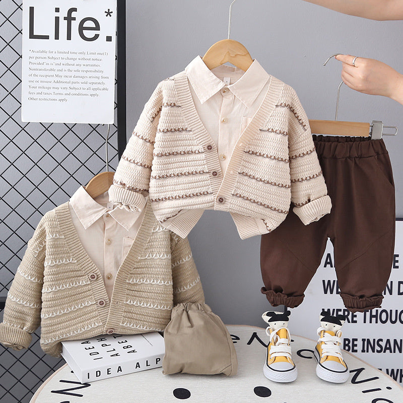 Spring and 2025 New Children's Clothing Baby Wave Sweater Three-Piece Set Boys' Autumn Clothes