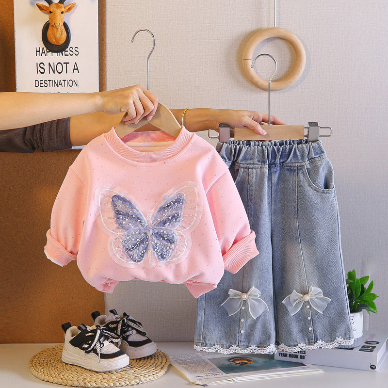 Spring Baby Butterfly Round Neck Sweatshirt 2026 New Casual Stylish Sleeve Long Pants Two-Piece Set for Girls