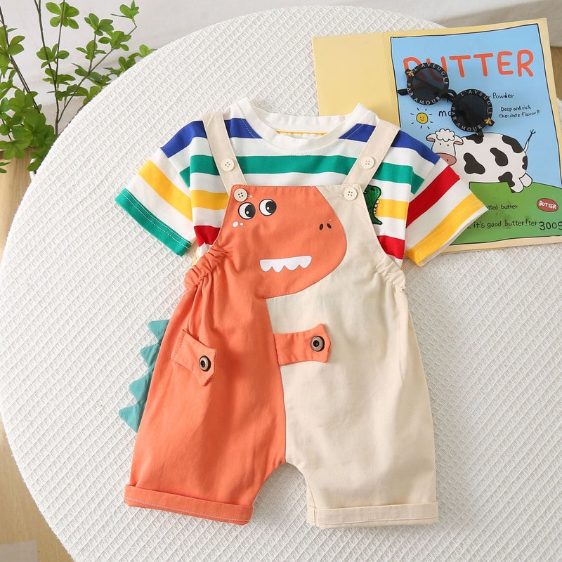 Children's Clothing Short Sleeve Set 205 New Summer Boys and Girls Kids Infant Cartoon Color Striped Dinosaur Suspender Shorts