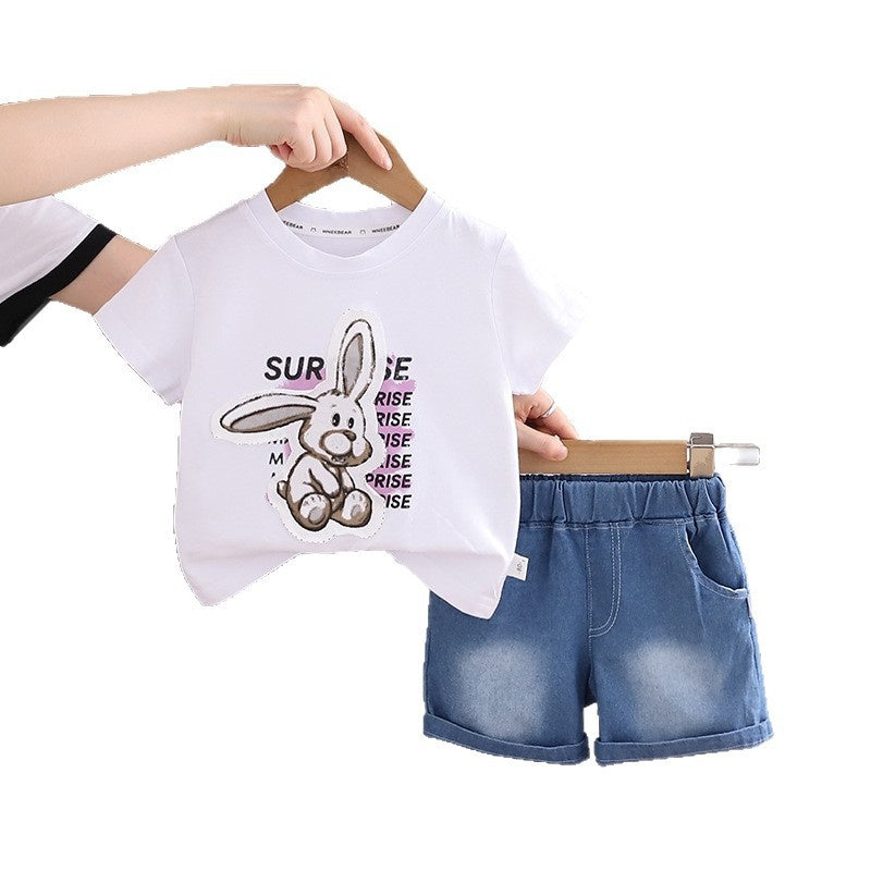Boys' Summer Outfit 2026 New Fashionable Children's Rabbit Print Short Sleeve Shorts Two-Piece Set Baby Casual Trendy Wholesale