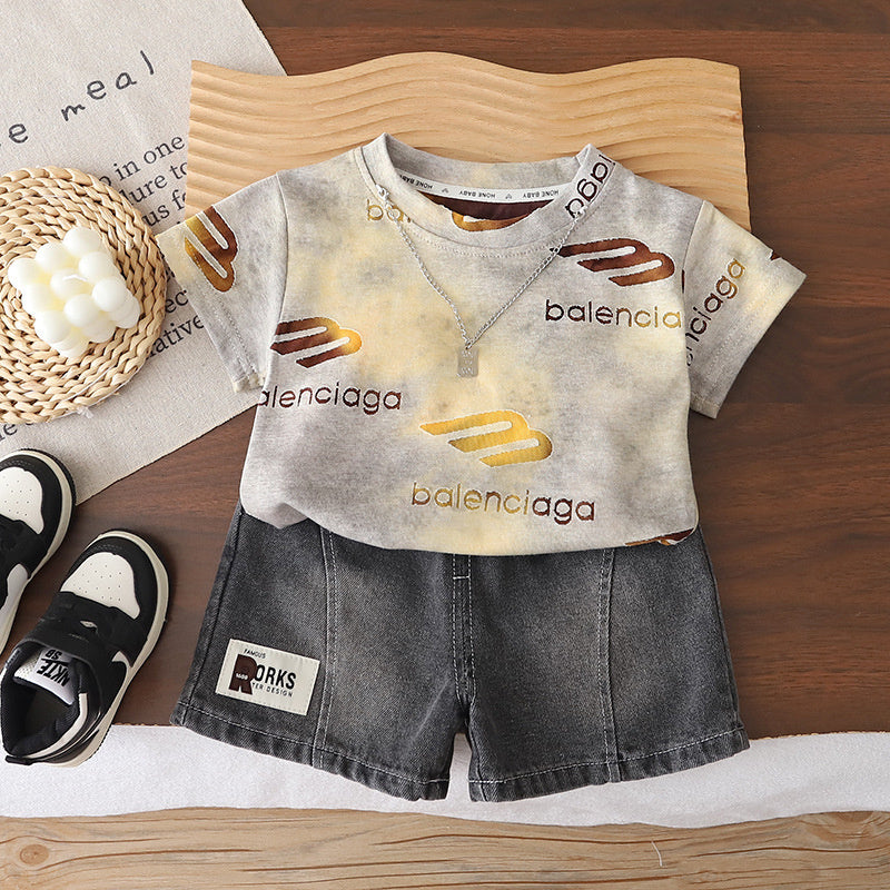 Boys' Stylish Outfit 2026 New Model for Toddlers, Lightweight Summer Wear with Jacquard Letter Print Short Sleeve Two-Piece Set