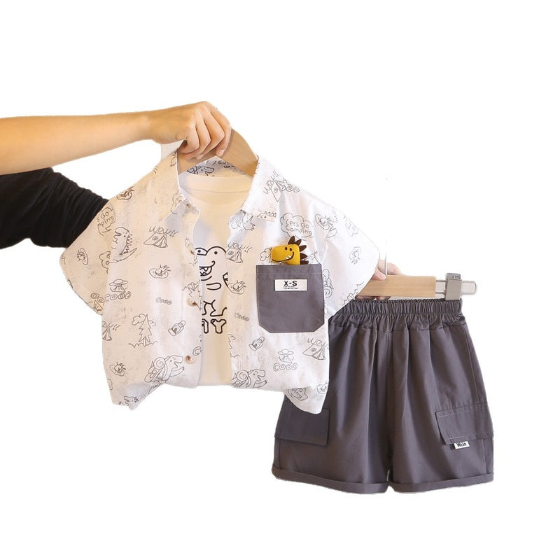 Boys' Summer Outfit 2026 New Style Pocket Dinosaur Short Sleeve Shorts Three-Piece Set Stylish for 1-4 Year Olds
