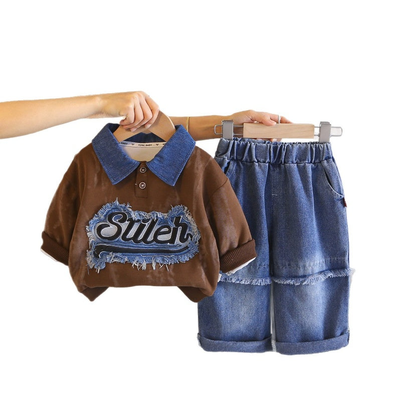 Boys' outfit stylish patch denim letter polo two-piece set, fashionable and handsome for toddlers in autumn