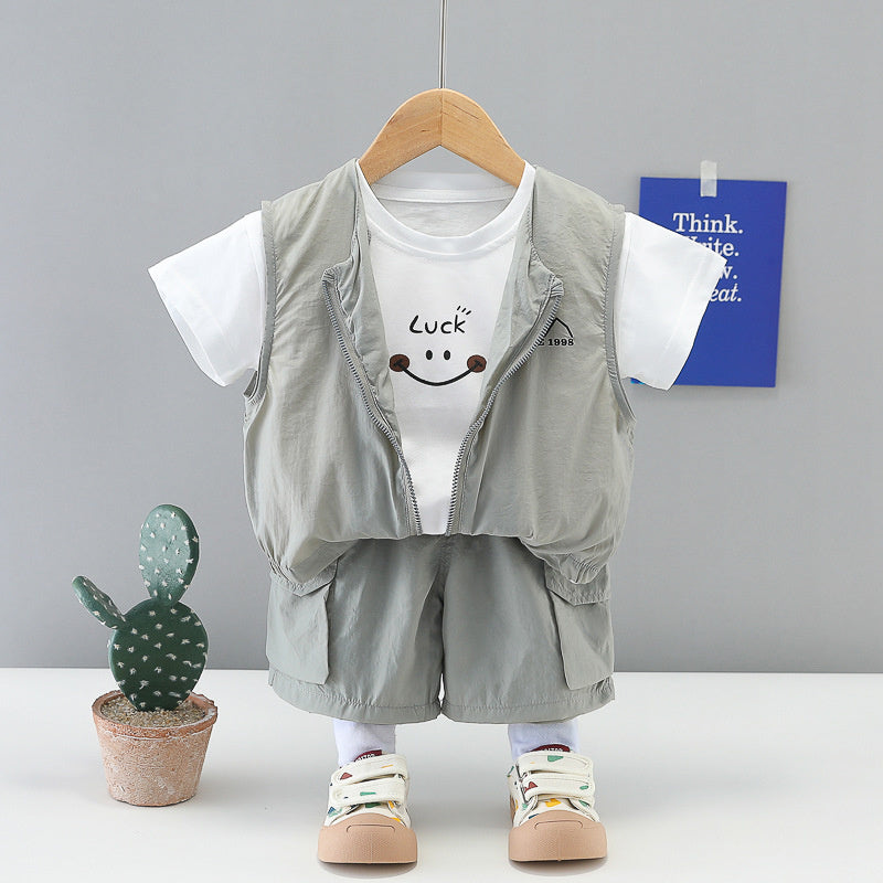 Boys' Outfit 2026 New Fashionable Children's Sporty Outdoor Style Summer Short-Sleeve Three-Piece Set for 1-3 Year Olds Trendy