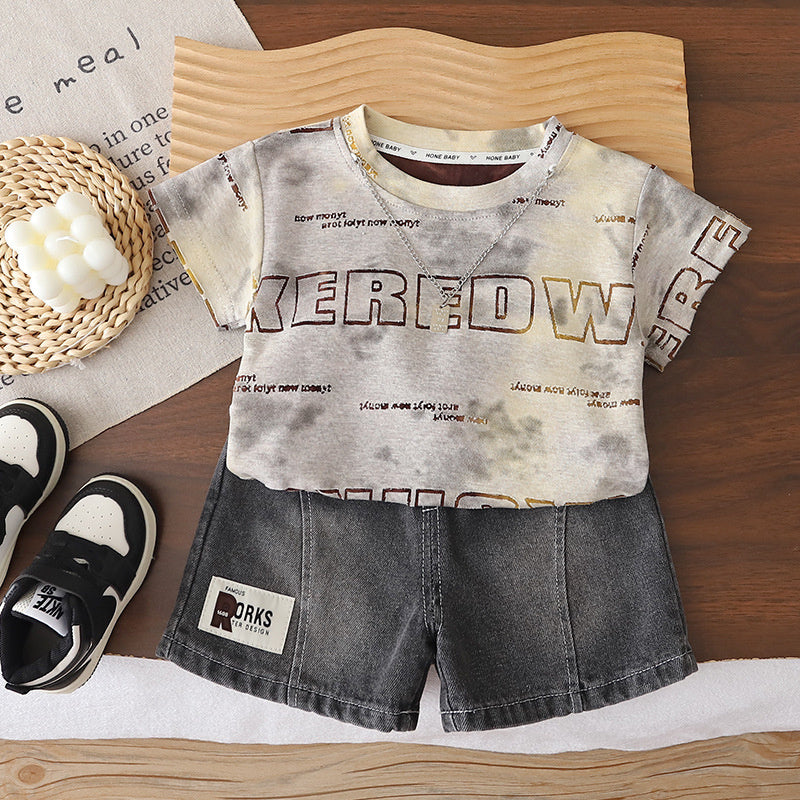 Boys' Outfit: Double-Row Letter Jacquard Short-Sleeve Set, 2026 New Summer Style, Toddler Baby Shorts Two-Piece Trendy Set
