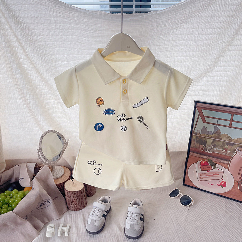 Children's clothing boys' outfit 2026 new style kids' summer cartoon sports short-sleeve two-piece set baby casual wear