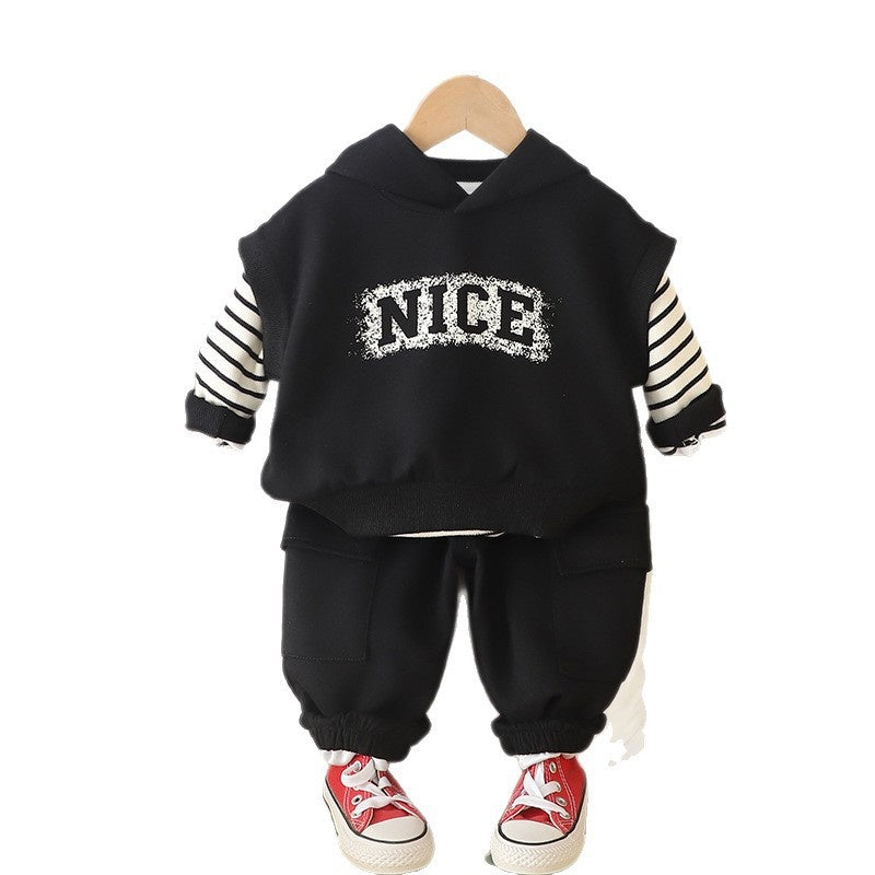 Outfit 2025 Fashionable Children's Clothing Spring and Autumn New Boys' Clothes Hooded Vest Three-Piece Set