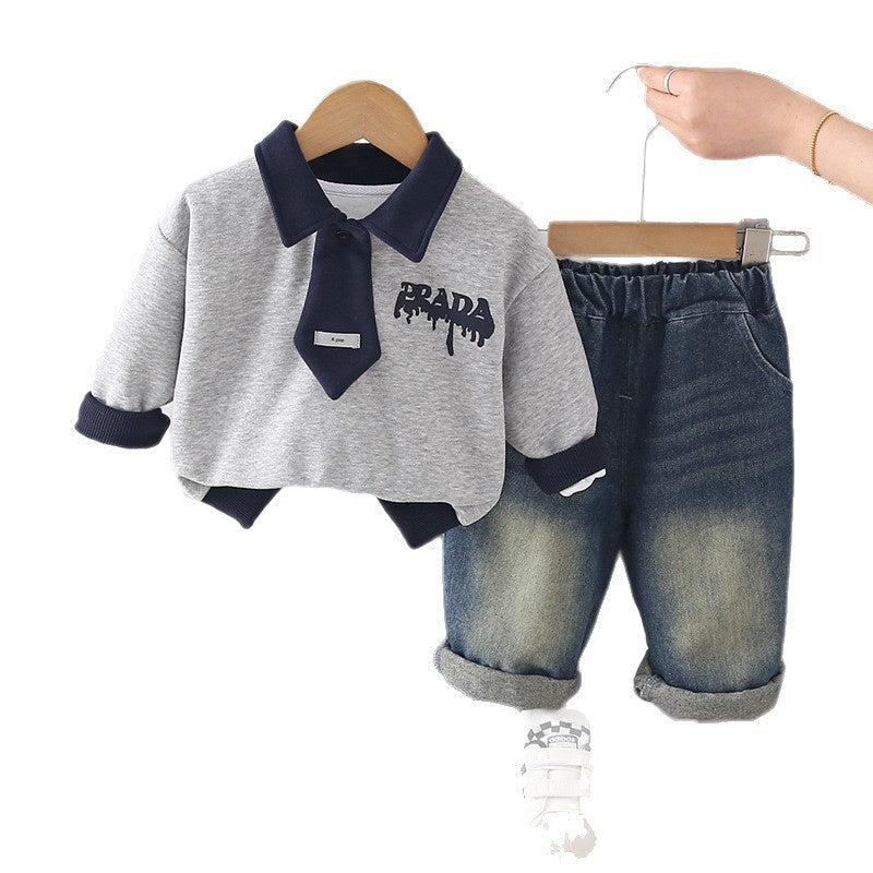 Boys' Outfit 1-4 Year Olds, Fashionable Clothes for Babies, Stylish Spring Autumn Infant Two-Piece Set with Tie and English Print