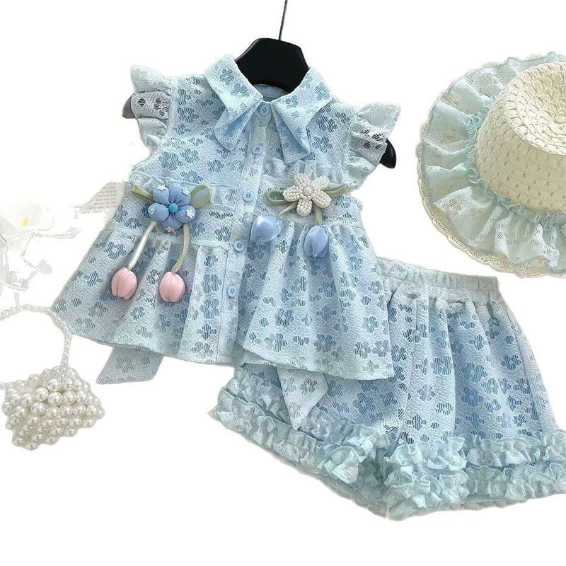 Summer Girls' Outfit 2025 New Floral Vest Top and Lace Shorts Two-Piece Set for Baby Girls Princess