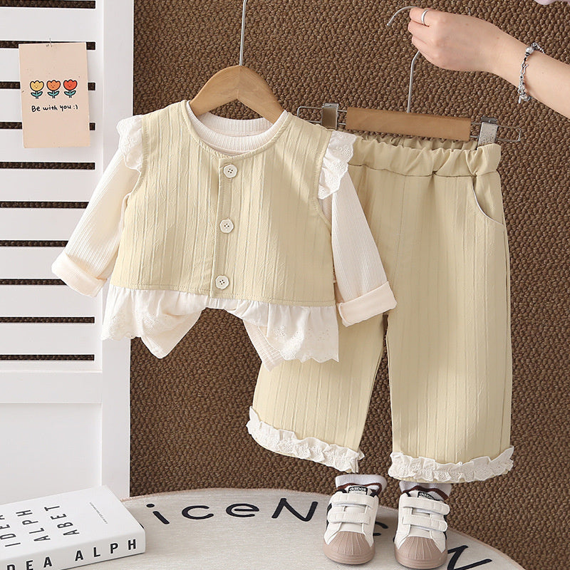 Stylish Spring and Autumn Outfit for Girls, 2026 New Korean Fashionable Baby Girl Lace Vest Three-Piece Set