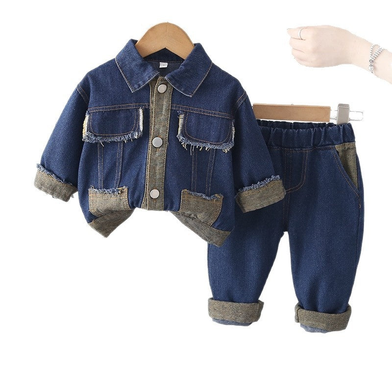 Baby girl spring outfit set, children's denim clothes with square pockets, stylish autumn wear for little girls