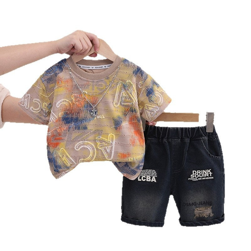 Outfit Children's 2026 New Necklace Letter Short Sleeve Boys Clothes Baby Summer Two-Piece Set