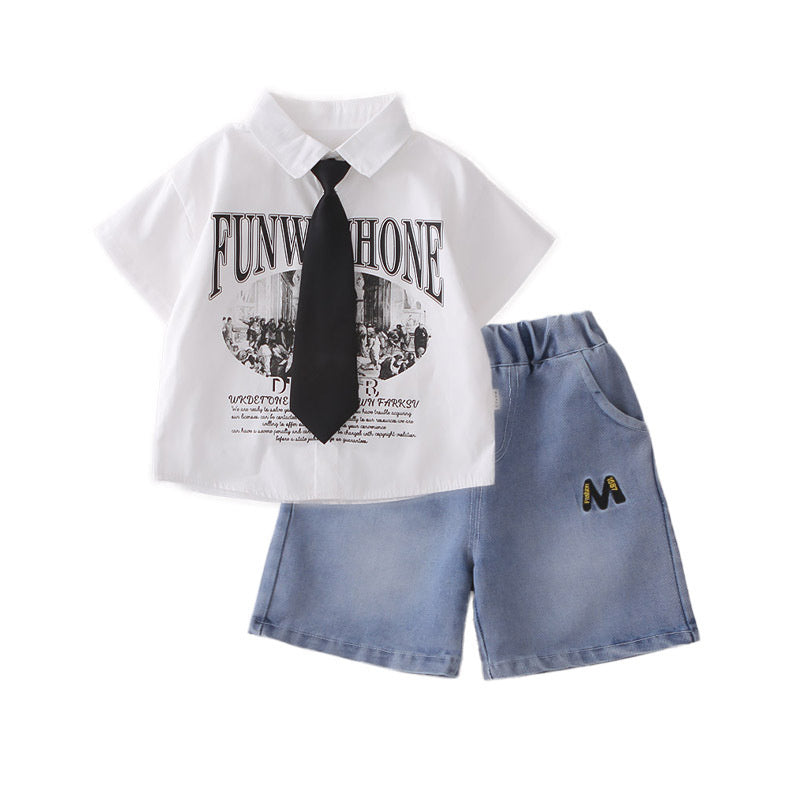 Boys' Outfit Set with Tie and Short-Sleeve Shirt 2026 New Stylish Children's Clothing for 3-Year-Old Boys in Summer