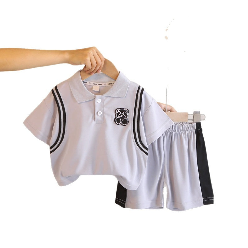 Boys' Outfit 2026 New Fashionable Little Bear Color-Block Short Sleeve Set for 1-4 Year Old Boys Summer Clothing