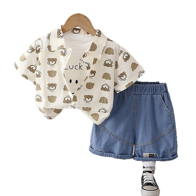 Boys' Outfit 2026 New Stylish Children's Summer Short Sleeve Baby Bear Head Three-Piece Set Trendy