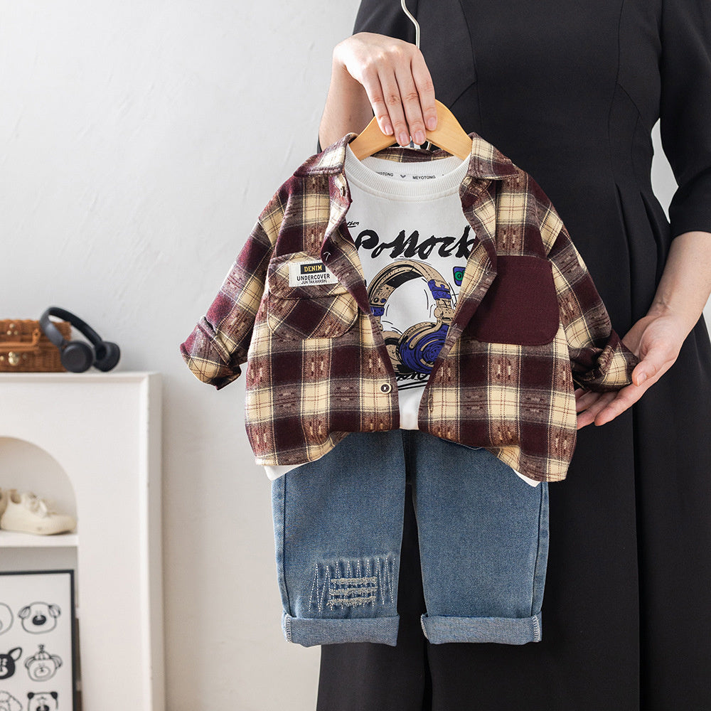 Boys' Spring Three-Piece Set with Earphone Plaid Shirt, 1-2-3-5 Years Old Toddler Outfit, Korean Style Fashionable Baby Clothes