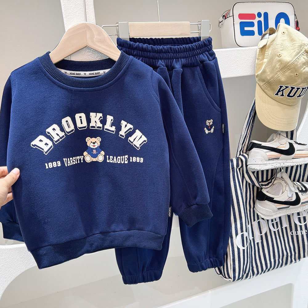Spring New Children's 2025 Cartoon Round Neck Sweatshirt Stylish Sports Style Boys' Sweatpants Two-Piece Set