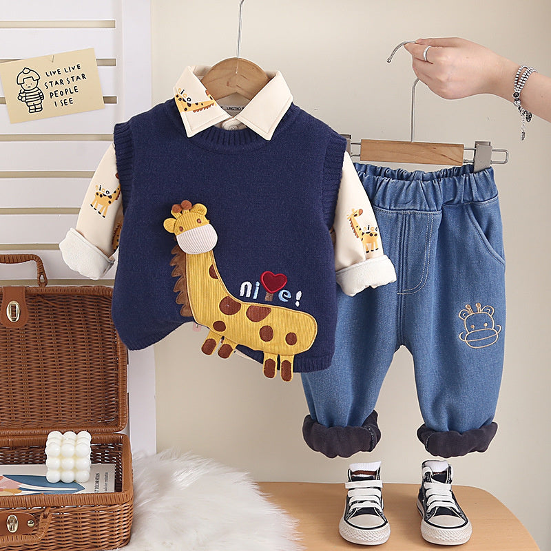Baby Boy Thickened Giraffe Vest Three-Piece Set 2025 New Infant Children Autumn Winter Warm Clothing