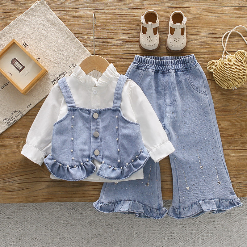 Girls' Spring and Autumn Outfit 2026 New Fashionable Casual Denim Beaded Strap Three-Piece Set for Kids