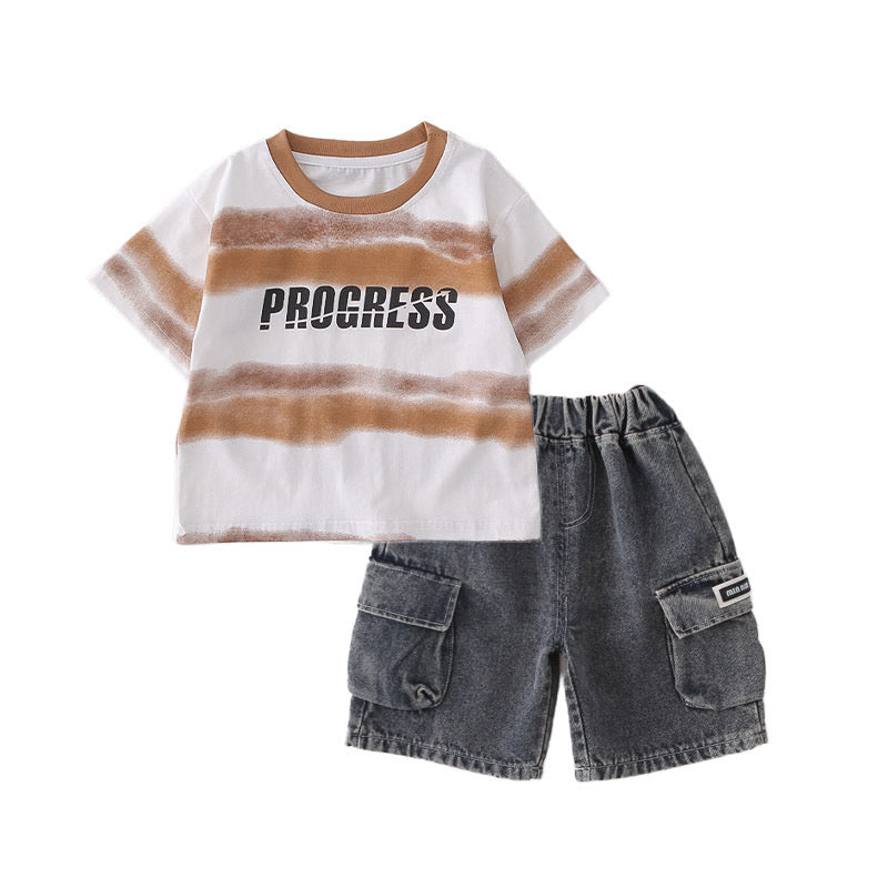 Boys' Outfit Baby Summer Short Sleeve 2026 New Fashionable Wide Stripe Letter Two-Piece Set for Toddlers
