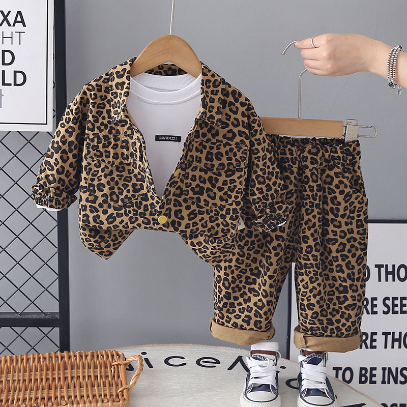 Baby Boy Spring and Autumn Outfit 2026 New Fashionable Toddler Korean Style Casual Leopard Print Long Sleeve Three-Piece Set