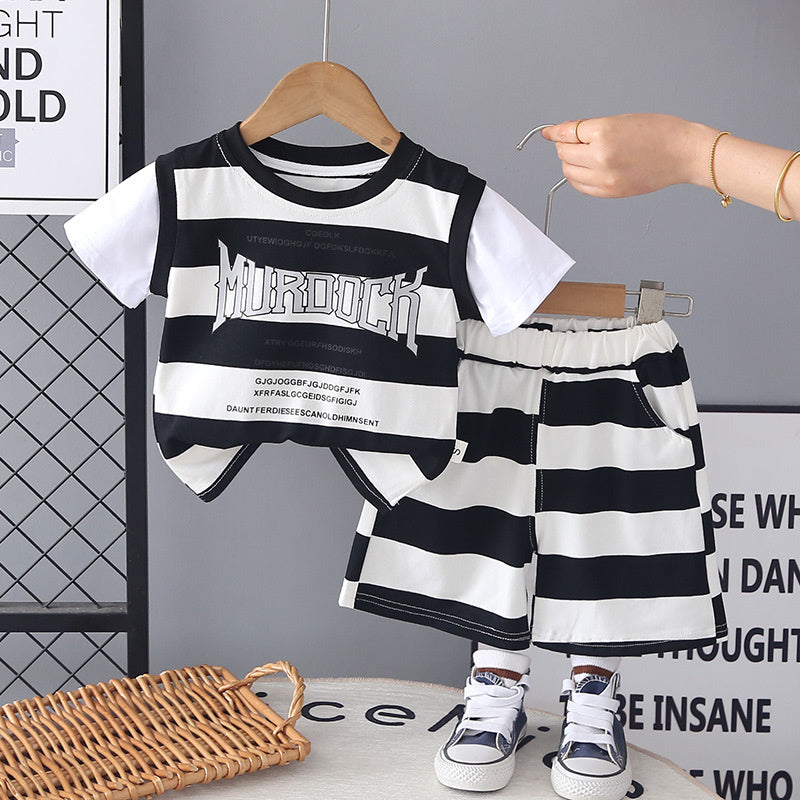 Boys' Outfit: Wide-Striped Letter Print Short-Sleeve Two-Piece Set, 2026 New Fashionable Baby Summer Thin Clothing Trend