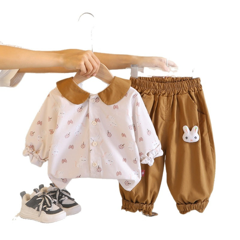 Baby Girl 2026 New Outing Floral Cat Print Turn-down Collar Two-piece Infant Long Sleeve Casual Pants Spring/Autumn Set