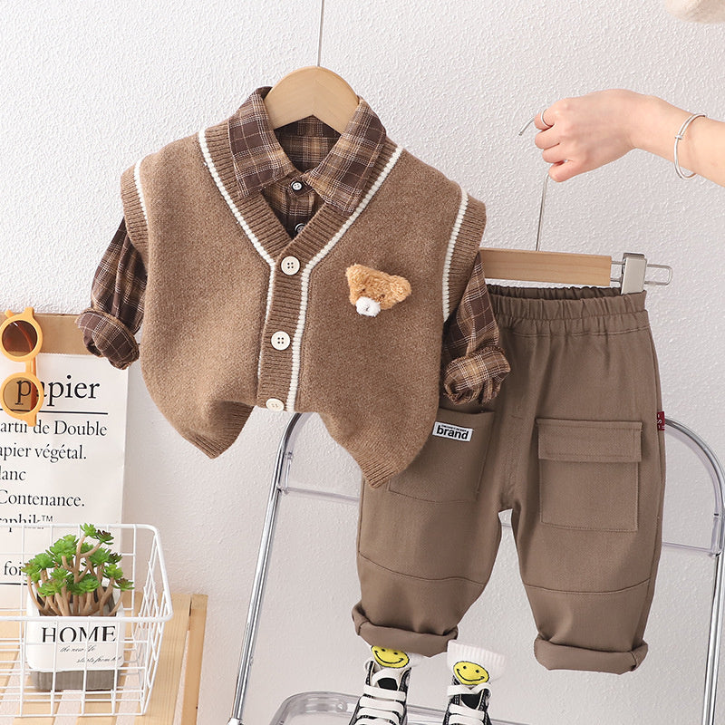 Clothing Spring and Autumn New Children's Knitted Sweater Vest Cardigan Three-piece Boy Girl Baby Cartoon Shirt Set