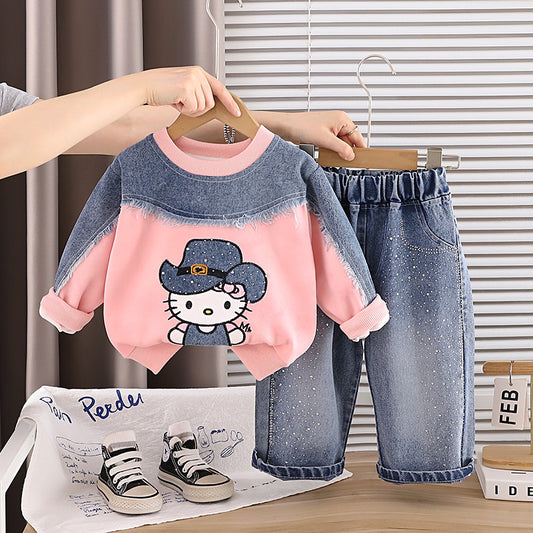 Girls' Outfit Baby 2026 New Fashionable Infant Children's Spring and Autumn Long-Sleeve Cartoon Sweatshirt Two-Piece Set Trendy