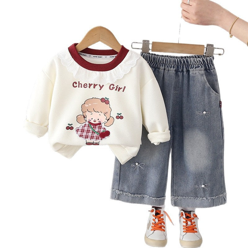 Baby clothes spring, cute sweet lace sweatshirt two-piece set for 10-month to 1-year-old little girls, spring and autumn outfit