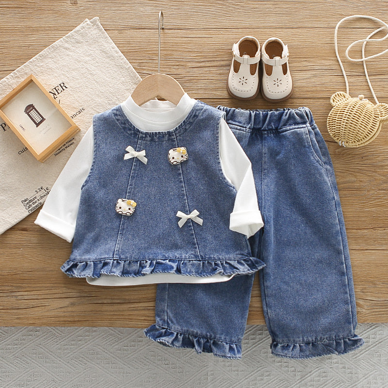 Girls' Outfit and Autumn 2026 New Fashionable Children's Cat Denim Vest Three-Piece Set Baby Spring Clothes