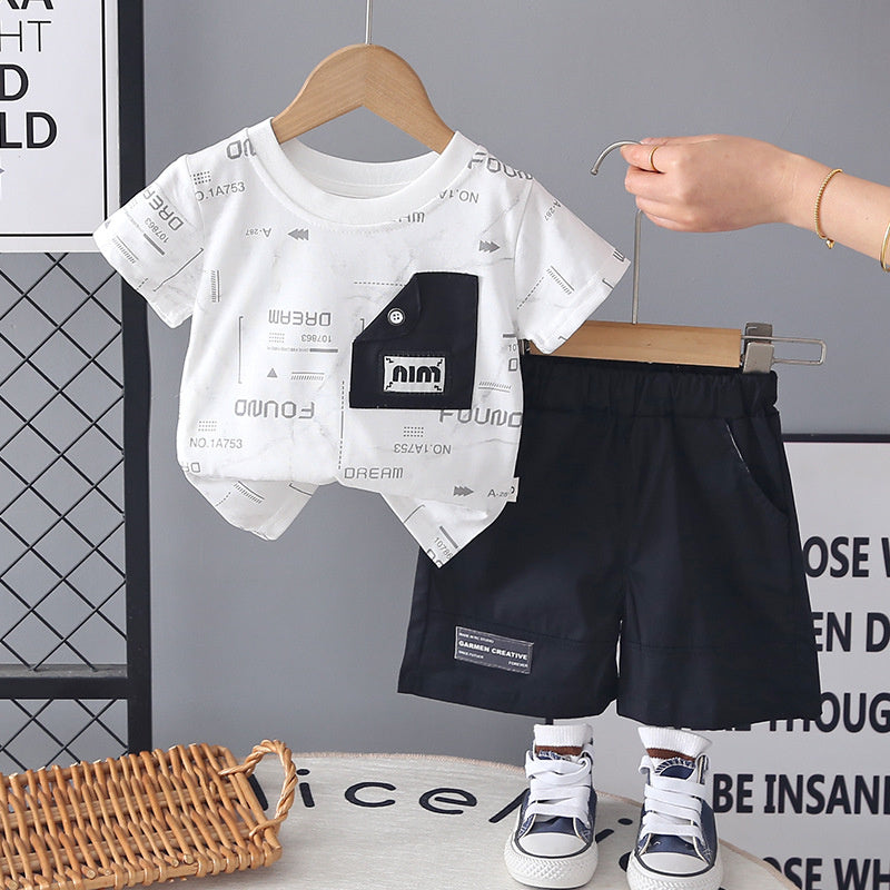 Boys' button pocket short-sleeve suit 2026 new style baby outfit infant children's clothing toddler summer clothes trendy
