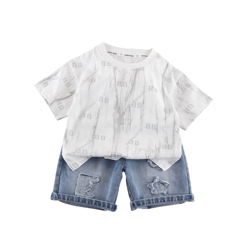 Boys' Outfit 2026 New Trendy Baby Summer Letter Print Short Sleeve Clothes Children's Fashionable Two-Piece Set