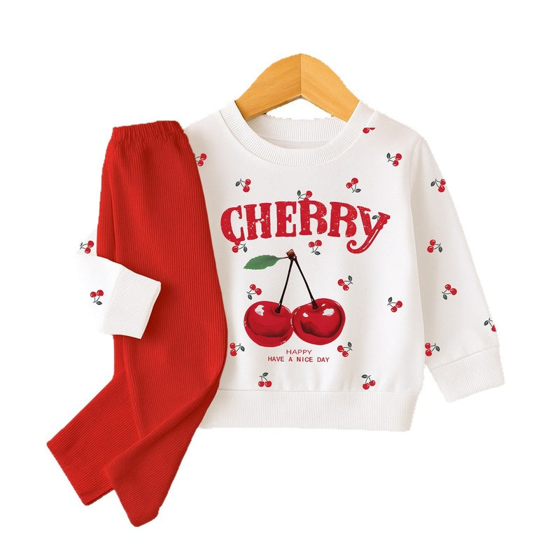 Ins Baby Toddler Girl Spring Autumn Pullover Cherry Letter Print Sleeve Top Long Pants Casual Set
