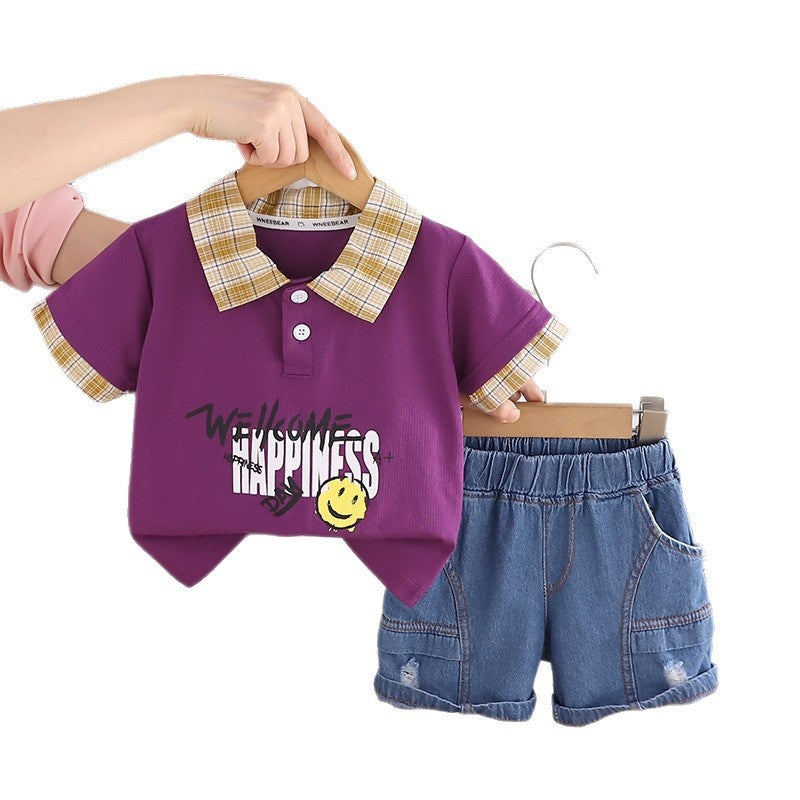 Boys' Outfit 2026 New Fashionable Baby Plaid Smiley Face Short Sleeve Two-Piece Set Children's Summer Clothing