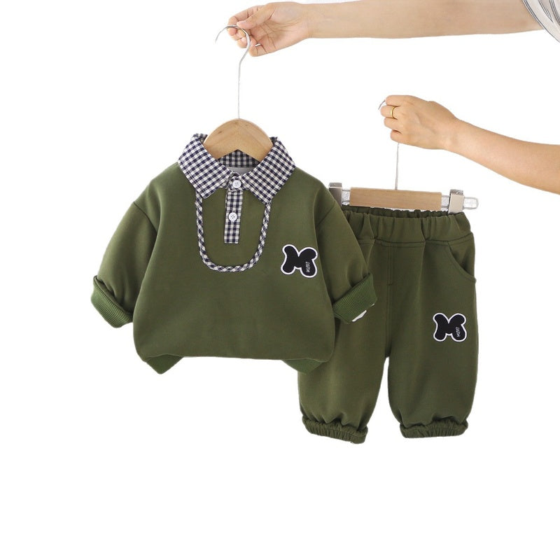 Boys' Outfit 2026 New Fashionable Children's Spring and Autumn Plaid Collar Sweatshirt Two-Piece Set Stylish Baby Trendy